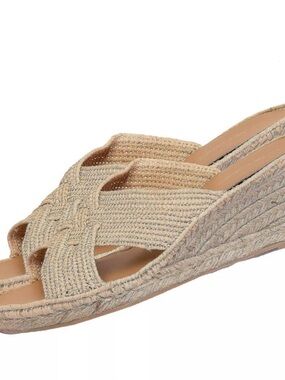 Le Mogador Sz 40 (9 To 9.5) Patricia Wedge Nude Braided Raffia Sandal Ret $276